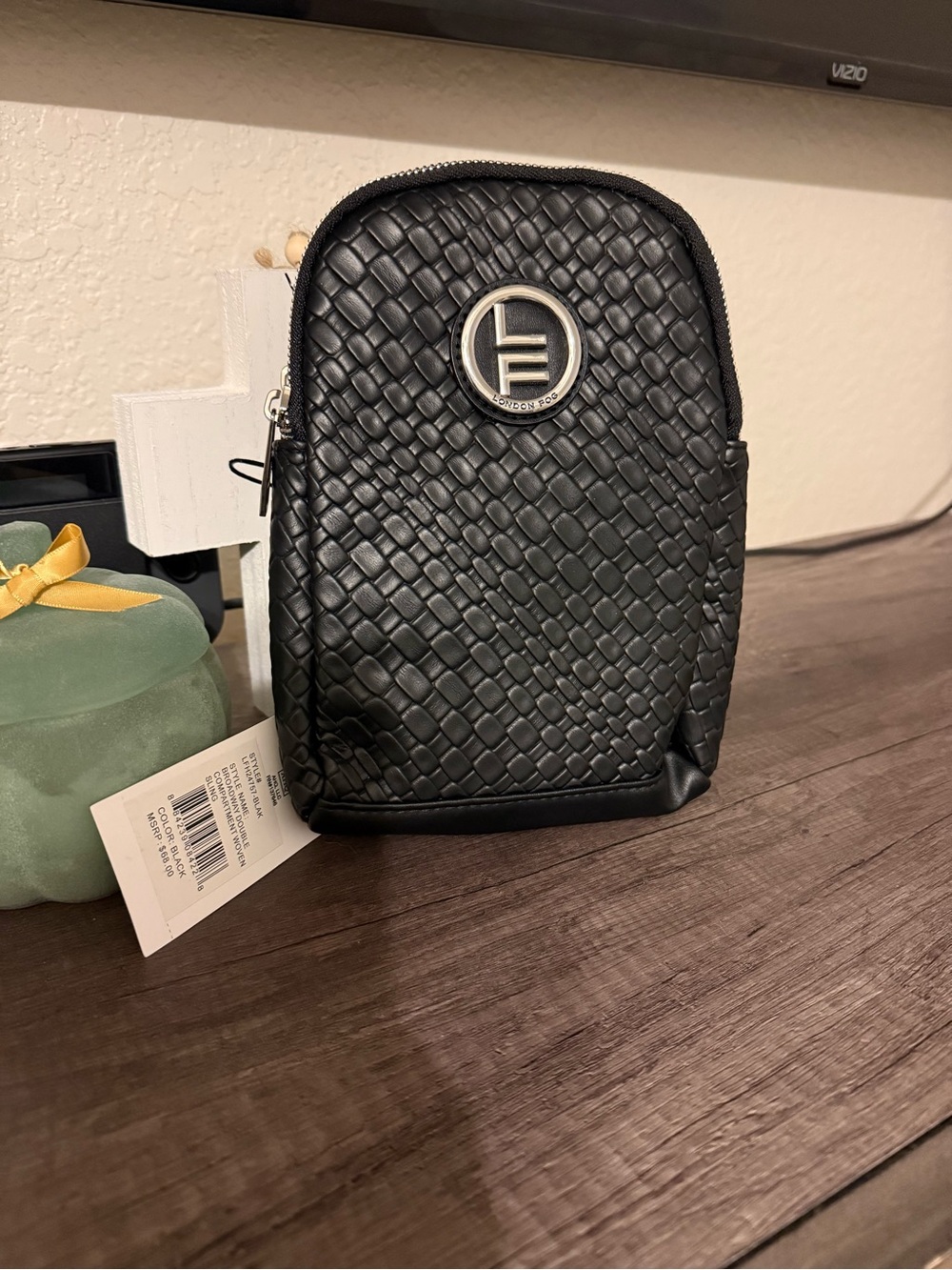 London Fog Black Woven Crossbody Belt Bag with Silver Emblem